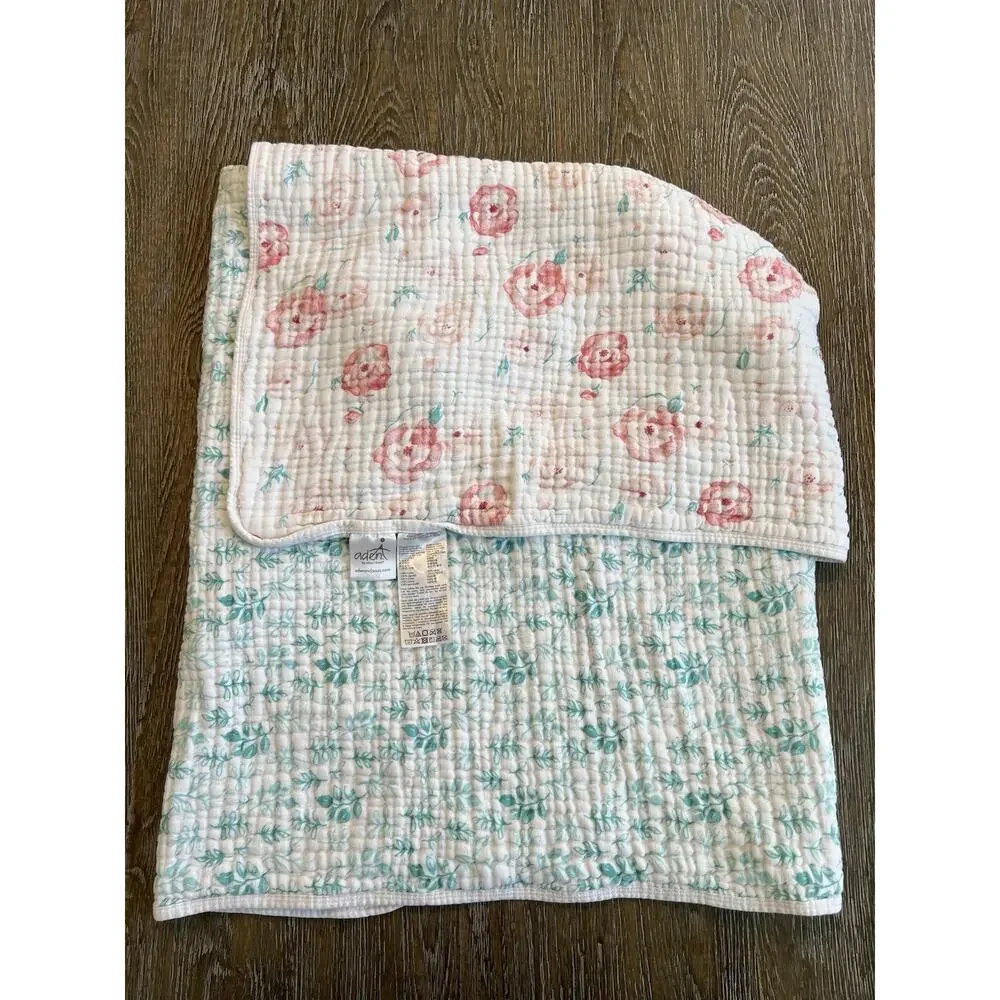 Aden & Anais Pink White Teal Floral Reversible Muslin Cotton 4 Ply Dream Blanket